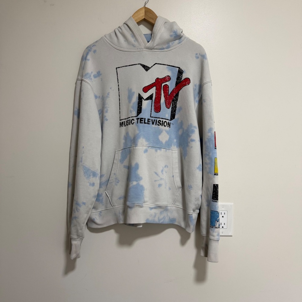 MTV Music Television Tie Dye Hoodie Unisex Large Blue White Distressed Logo Y2K